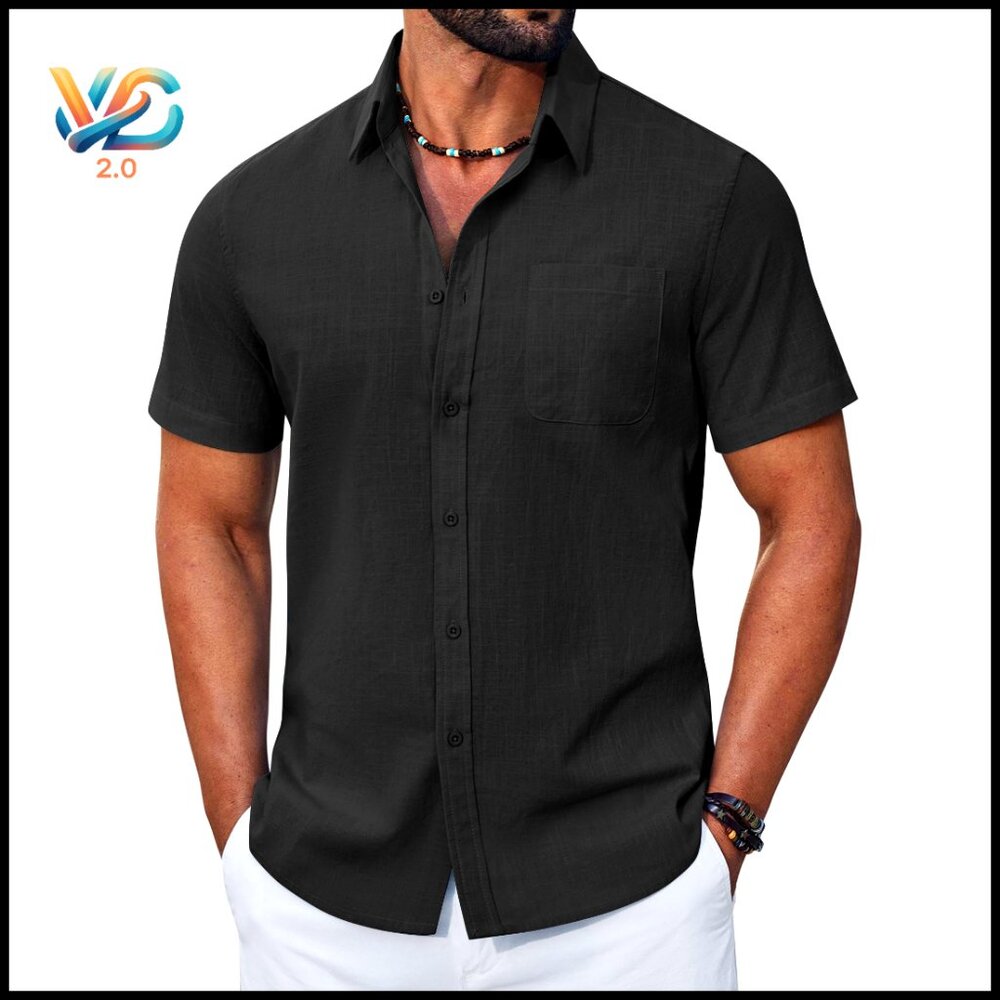 Men's Short Sleeve Button‎ Down Cotton Shirt Linen Textured Casual Summer